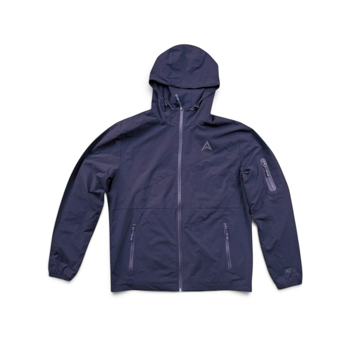 A dark navy blue hooded windbreaker jacket with a full front zipper, zippered hand pocket, and a subtle geometric logo on the left chest, displayed on a clean white background.