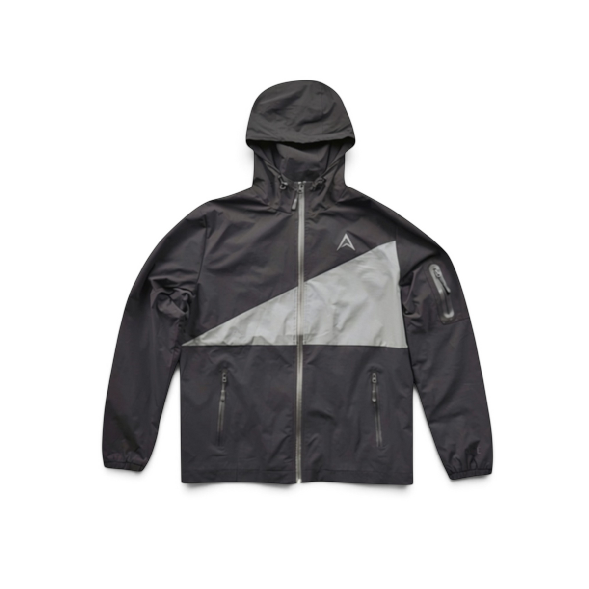 A dark gray hooded windbreaker jacket with a contrasting light gray diagonal panel on the chest, featuring a front zipper, zippered hand pockets, and a stylized white 'A' logo on the left chest.